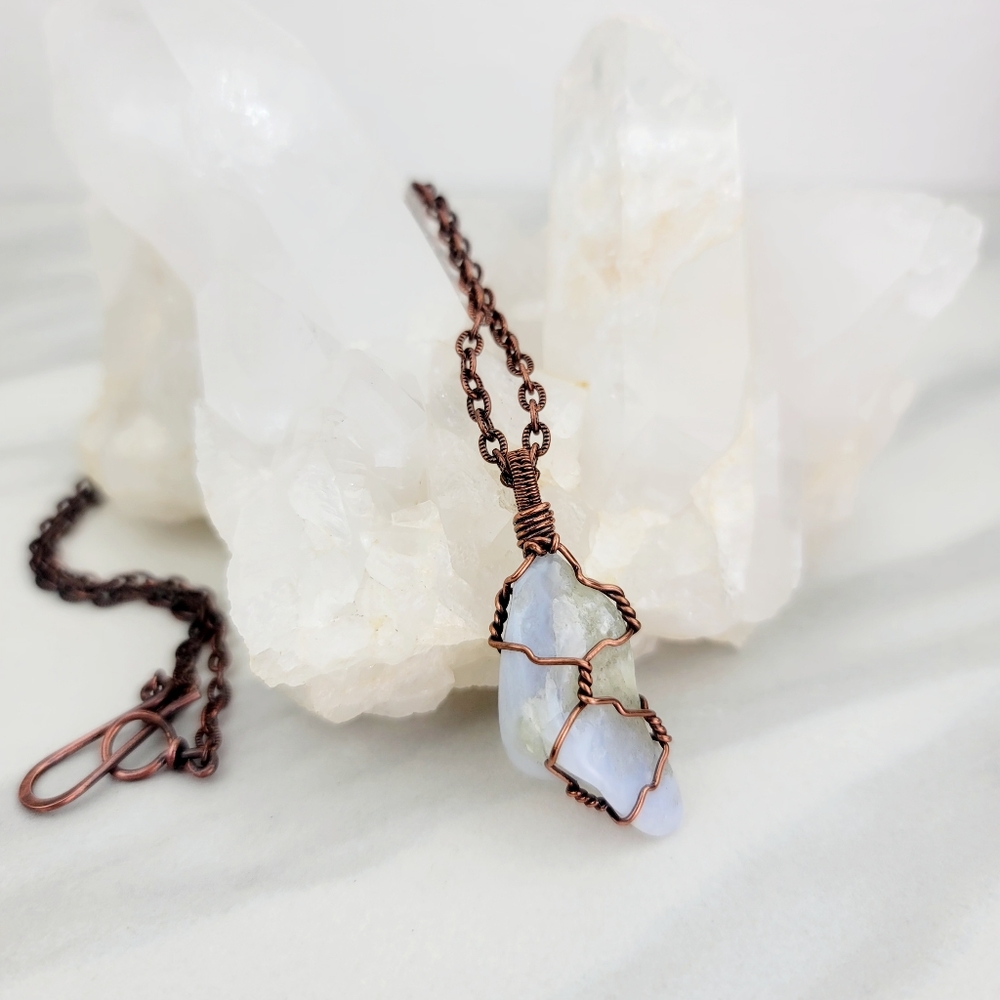 Blue Chalcedony Necklace Jewelry Men Women Crystal Stone Copper Artisan Handmade